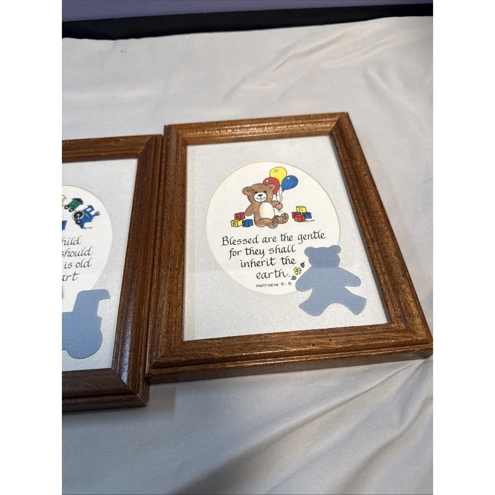 Vintage 1980s Nursery Framed Wall Art Set of 3 Train Up A Child Wooden Decor